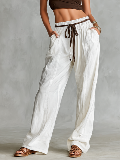 Women's Brown Raglan Sleeve Crop Top & White Wide Leg Pants Co-Ord, Modern Effortless-Chic Summer Outfit MDZ2075E5LYL