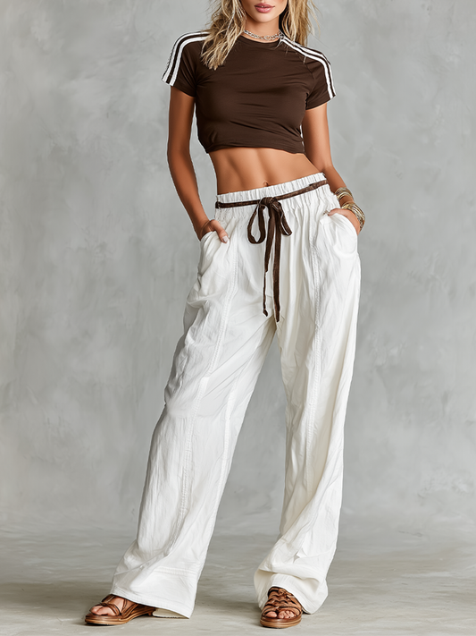Women's Brown Raglan Sleeve Crop Top & White Wide Leg Pants Co-Ord, Modern Effortless-Chic Summer Outfit MDZ2075E5LYL