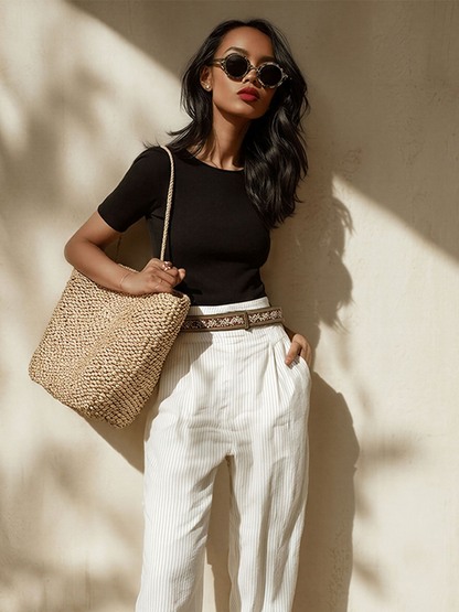 Women's Black & White Striped Two-Piece Set With Fitted Tee & High-Waisted Pants, Timeless Minimalist Casual Outfit (Without Blet) MDZ2068E7LYL