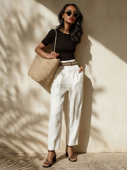Women's Black & White Striped Two-Piece Set With Fitted Tee & High-Waisted Pants, Timeless Minimalist Casual Outfit (Without Blet) MDZ2068E7LYL