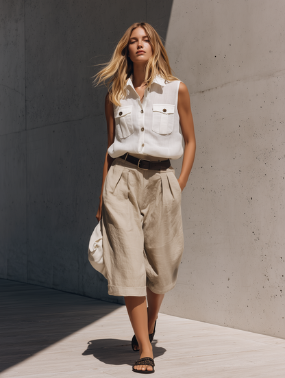 Women's Casual White Cotton-Linen Sleeveless Shirt Paired With Khaki Cotton-Linen Mid-Length Shorts (Belt Not Included) MDZ2059E6LXY
