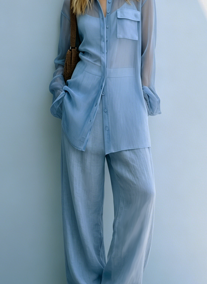 Women's Casual Light Blue Chiffon Long-Sleeve Shirt Paired With Cotton-Linen Trousers MDZ2008E3LXY