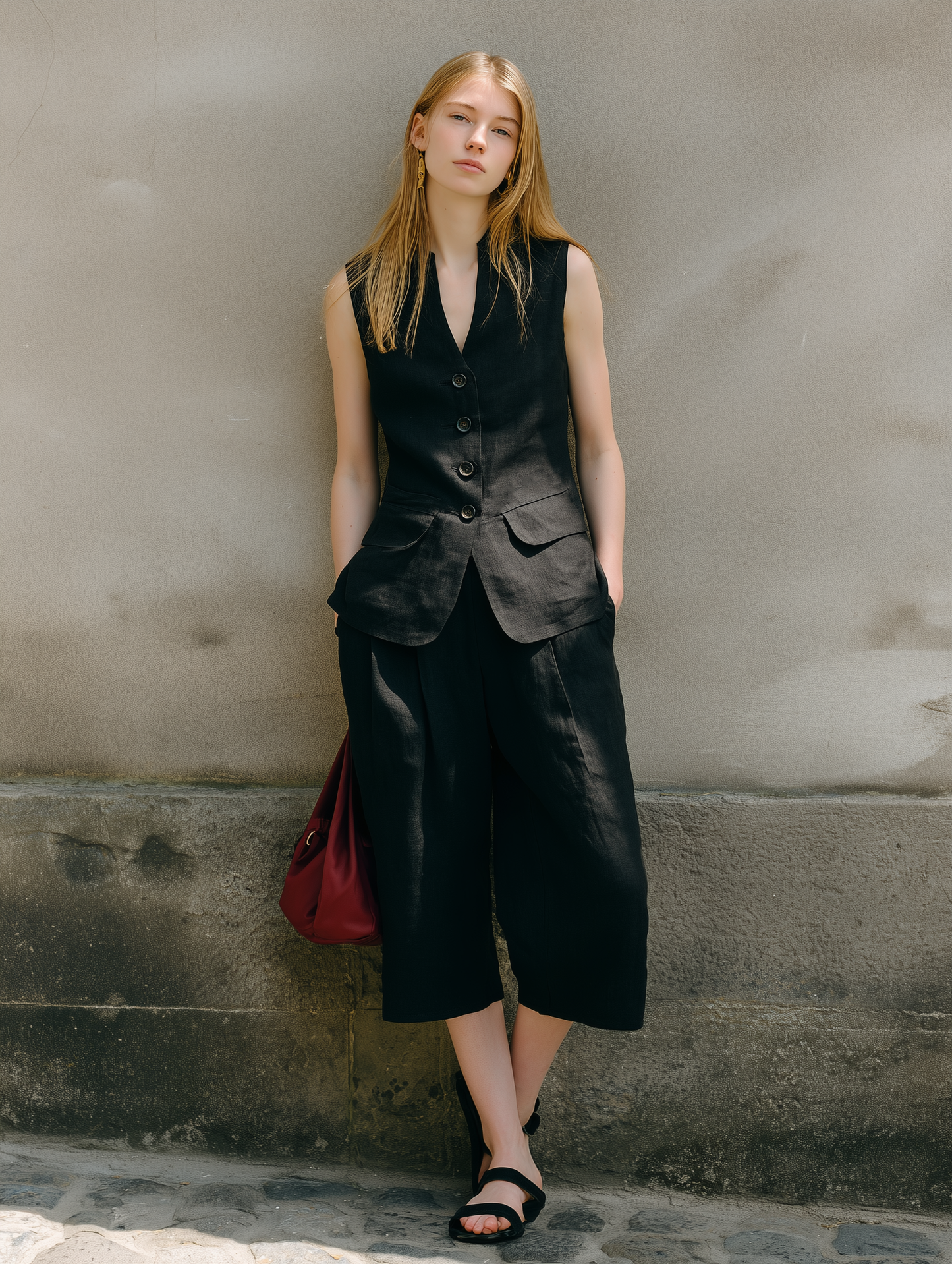 Women's Casual Black Cotton-Linen Sleeveless Suit Vest Paired With Cropped Trousers MDZ2052E4LXY