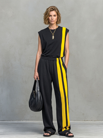 Women's Casual Black And Yellow Color-Block Cotton Blend Sleeveless Striped Elastic Waist Wide-Leg Long Jumpsuit MDZ2069E4GMJ