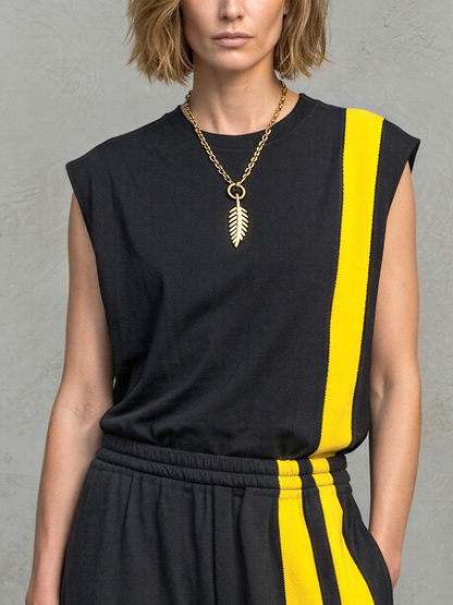 Women's Casual Black And Yellow Color-Block Cotton Blend Sleeveless Striped Elastic Waist Wide-Leg Long Jumpsuit MDZ2069E4GMJ