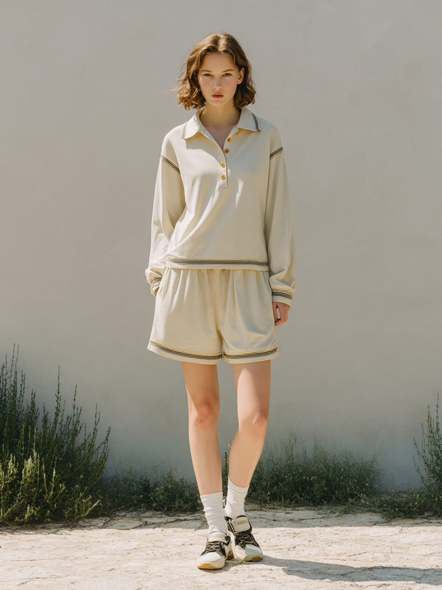 Women's Embroidered Loose-Fit Long-Sleeve Polo Shirt & Casual Shorts Set MDZ2191E5ZRK