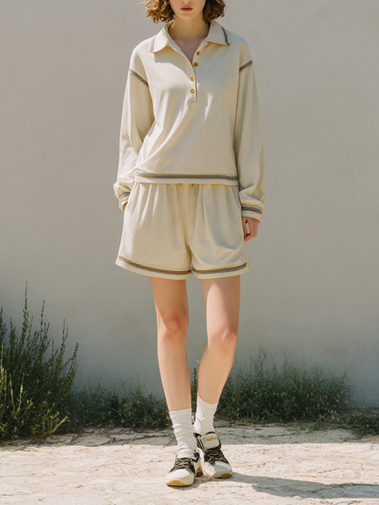 Women's Embroidered Loose-Fit Long-Sleeve Polo Shirt & Casual Shorts Set MDZ2191E5ZRK