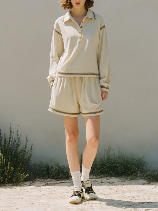 Women's Embroidered Loose-Fit Long-Sleeve Polo Shirt & Casual Shorts Set MDZ2191E5ZRK