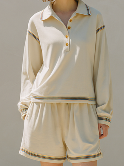 Women's Embroidered Loose-Fit Long-Sleeve Polo Shirt & Casual Shorts Set MDZ2191E5ZRK