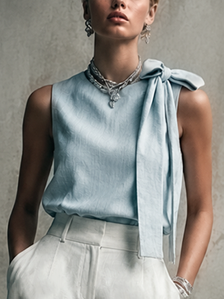 Women's Commuter Style Light Blue Linen-Cotton Sleeveless Bow Top And White Linen-Cotton High-Waisted Wide-Leg Pants Set MDZ2119E6GMJ
