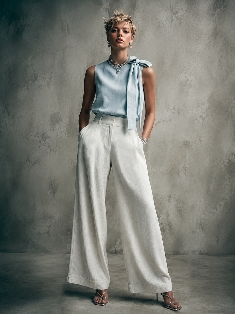 Women's Commuter Style Light Blue Linen-Cotton Sleeveless Bow Top And White Linen-Cotton High-Waisted Wide-Leg Pants Set MDZ2119E6GMJ