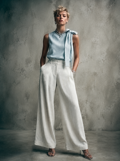 Women's Commuter Style Light Blue Linen-Cotton Sleeveless Bow Top And White Linen-Cotton High-Waisted Wide-Leg Pants Set MDZ2119E6GMJ