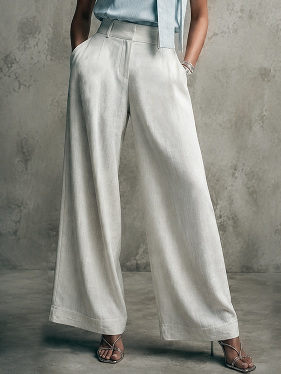 Women's Commuter Style Light Blue Linen-Cotton Sleeveless Bow Top And White Linen-Cotton High-Waisted Wide-Leg Pants Set MDZ2119E6GMJ