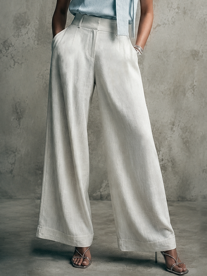 Women's Commuter Style Light Blue Linen-Cotton Sleeveless Bow Top And White Linen-Cotton High-Waisted Wide-Leg Pants Set MDZ2119E6GMJ