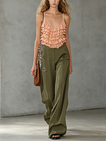 Women's Casual Apricot Chiffon Ruffled Sleeveless Camisole Paired With Dark Green Woven Trousers MDZ2265E2LXY