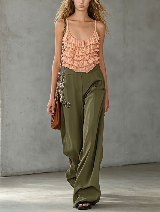 Women's Casual Apricot Chiffon Ruffled Sleeveless Camisole Paired With Dark Green Woven Trousers MDZ2265E2LXY