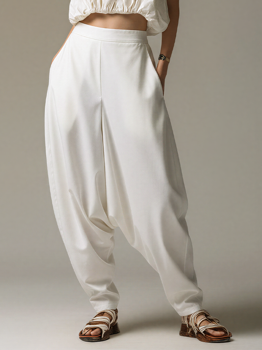 Women’s White High-Waisted Drop-Crotch Harem Pants With Pockets MDZ2212E2T