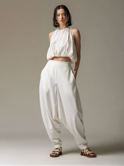 Women’s White Halter Neck Cropped Top & Drop-Crotch Harem Pants Two-Piece Set MDZ2291E8T