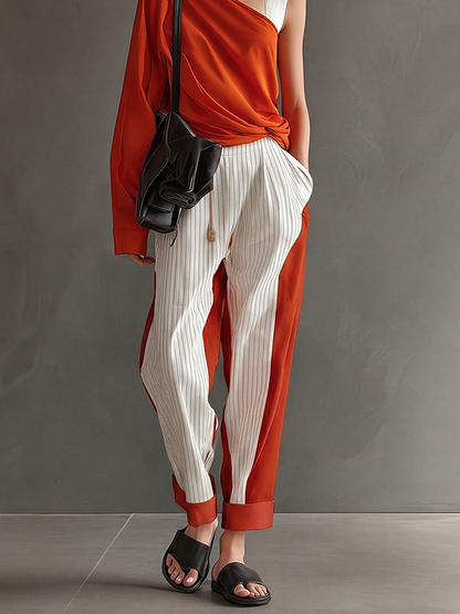 Women's Orange Asymmetrical Blouse & Mixed Stripe Pants Matching Set, Contemporary Versatile Everyday Outfit MDZ2122E5LYL