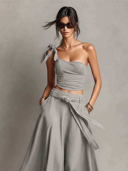 Women's Asymmetrical Grey Co-Ord With Ruched One-Shoulder Top & High-Low Flared Skirt, Modern Effortless-Chic Outfit MDZ2117E6LYL