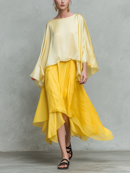 Women's Casual Yellow Satin Long-Sleeve Top Paired With A Chiffon Skirt MDZ2321E4LXY