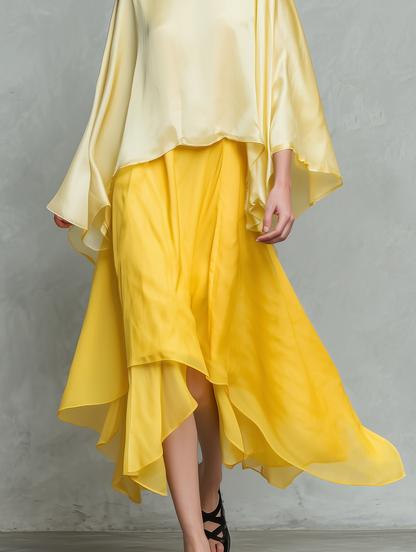 Women's Casual Yellow Satin Long-Sleeve Top Paired With A Chiffon Skirt MDZ2321E4LXY