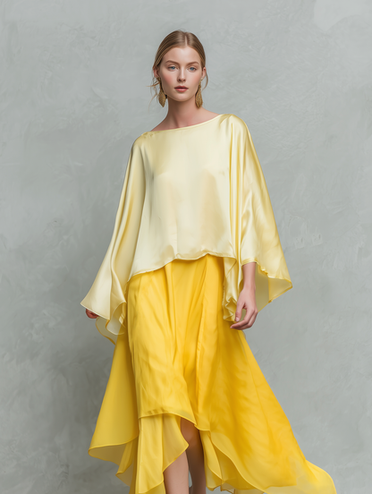 Women's Casual Yellow Satin Long-Sleeve Top Paired With A Chiffon Skirt MDZ2321E4LXY