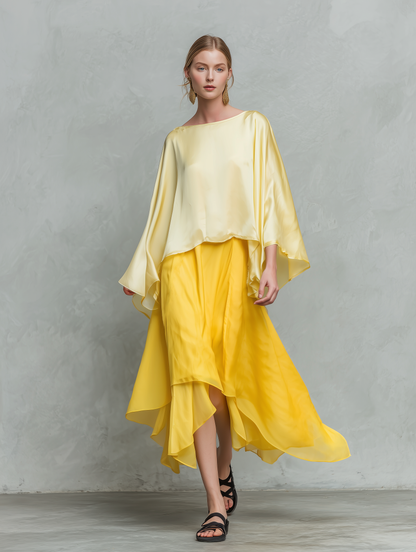 Women's Casual Yellow Satin Long-Sleeve Top Paired With A Chiffon Skirt MDZ2321E4LXY