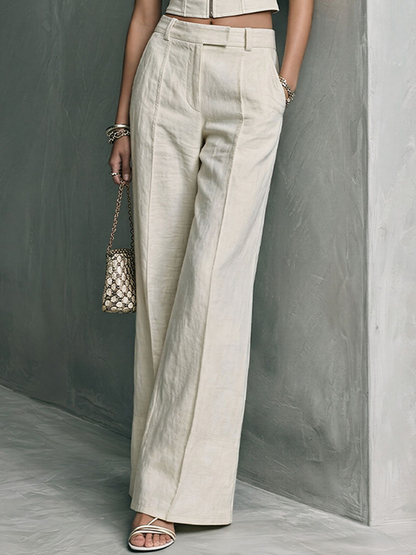 Women's Minimalist Off-White Cotton Stand Collar Zip-Up Sleeveless Cropped Top And High-Waisted Wide-Leg Pants Set MDZ2309E1GMJ