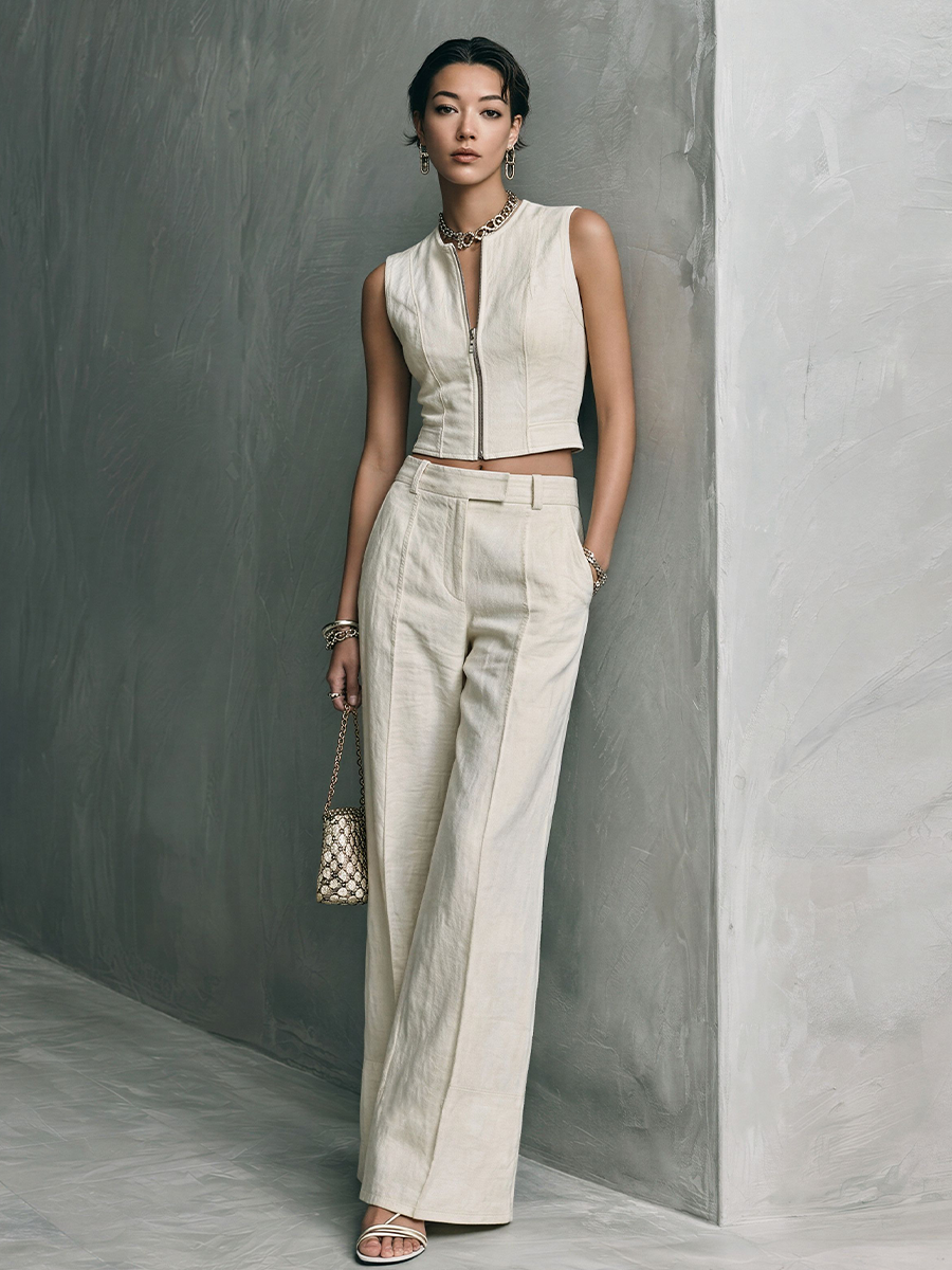 Women's Minimalist Off-White Cotton Stand Collar Zip-Up Sleeveless Cropped Top And High-Waisted Wide-Leg Pants Set MDZ2309E1GMJ