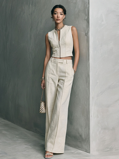 Women's Minimalist Off-White Cotton Stand Collar Zip-Up Sleeveless Cropped Top And High-Waisted Wide-Leg Pants Set MDZ2309E1GMJ