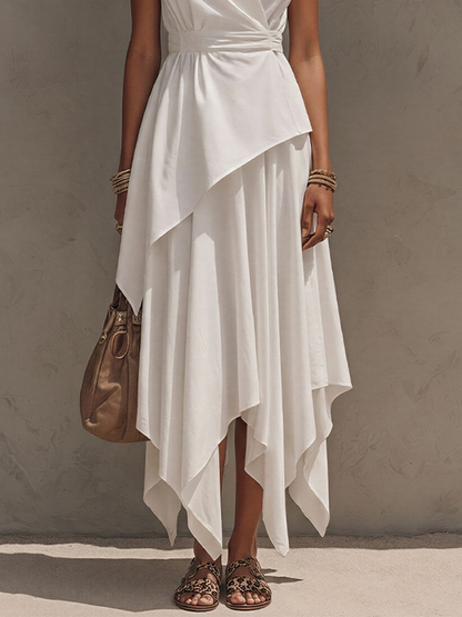 Women's Off-White Co-Ord With Cap-Sleeve Wrap Top & Asymmetrical Skirt, Modern Effortless-Chic Everyday Outfit MDZ2576E0LYL