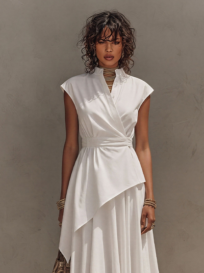 Women's Off-White Co-Ord With Cap-Sleeve Wrap Top & Asymmetrical Skirt, Modern Effortless-Chic Everyday Outfit MDZ2576E0LYL