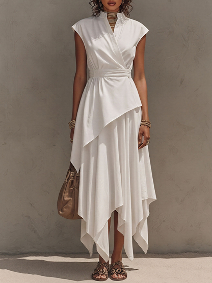 Women's Off-White Co-Ord With Cap-Sleeve Wrap Top & Asymmetrical Skirt, Modern Effortless-Chic Everyday Outfit MDZ2576E0LYL