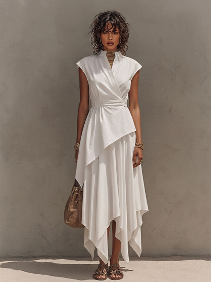 Women's Off-White Co-Ord With Cap-Sleeve Wrap Top & Asymmetrical Skirt, Modern Effortless-Chic Everyday Outfit MDZ2576E0LYL