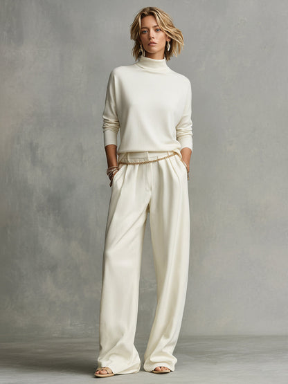 Women's Cream Tailored Wide-Leg Pants with Draped Silhouette & Belt Loops, Contemporary Effortless-Chic Style Pants MDA1509K4I
