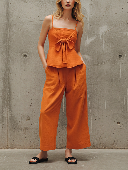 Women’s Orange Bow-Front Cami Top & High-Waisted Wide-Leg Pants Two-Piece Set MDZ2280E6T