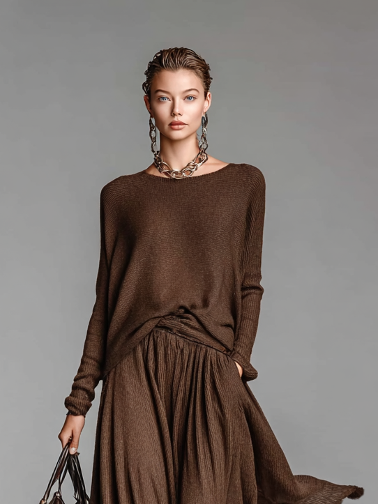 Women's Fashion Round Neck Knitted Sweater Skirt Set MDA0737H3Y