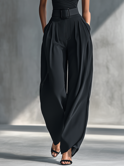 Women's Black High-elastic Knit Top And Acetate Wide-leg Pants MDZ1068B3T