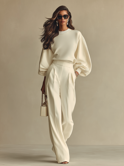 Women's Off-white Lightweight Woven Wide Leg Pants with High Waist & Loose Fit, Sophisticated Office Chic Trousers MDZ0856A8I