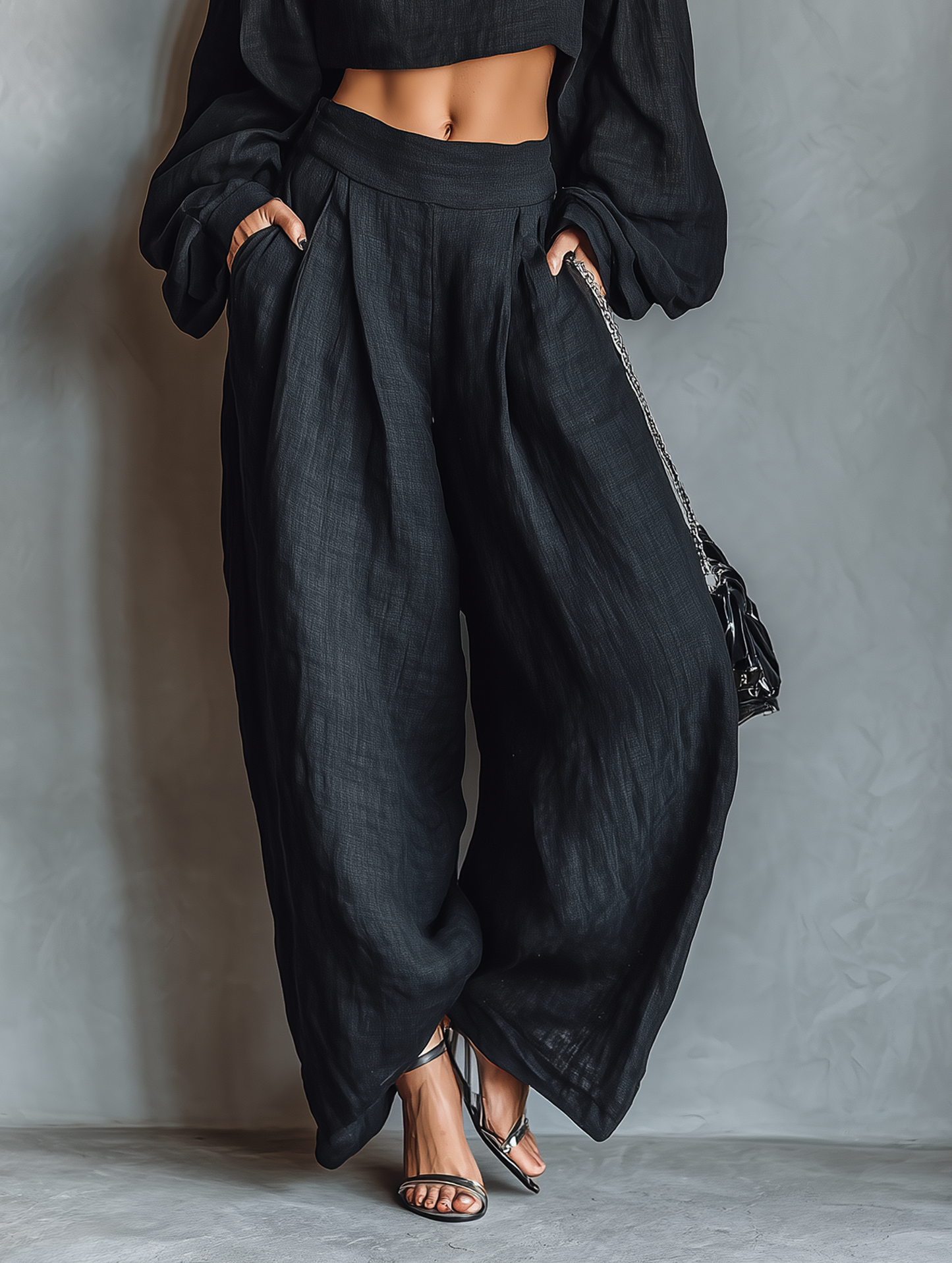 Women's Minimalist Linen Blend Strapless Long-sleeved Blouse And Wide-leg Pants Set MDA1900L7Y