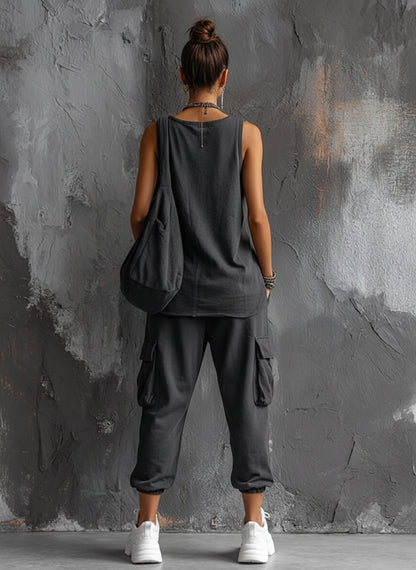 Women's Casual Style Dark Gray Cotton Blend Sleeveless Top + Jogger Cargo Pants Set MDZ2365D7GMJ