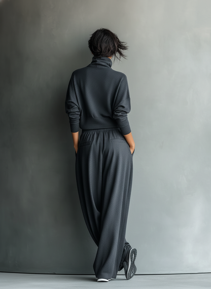 Women's Charcoal Knit Fabric Turtleneck Oversized Top & Wide-Leg Pants Set MDA2435L7T