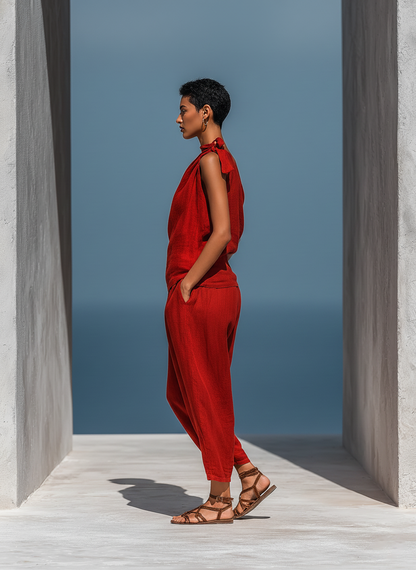 Women’s Red Linen-Blend Two-Piece Set: Asymmetrical One-Shoulder Top (Without Neck Scarf) & Wide-Leg Pants With Pockets MDZ2201D4T