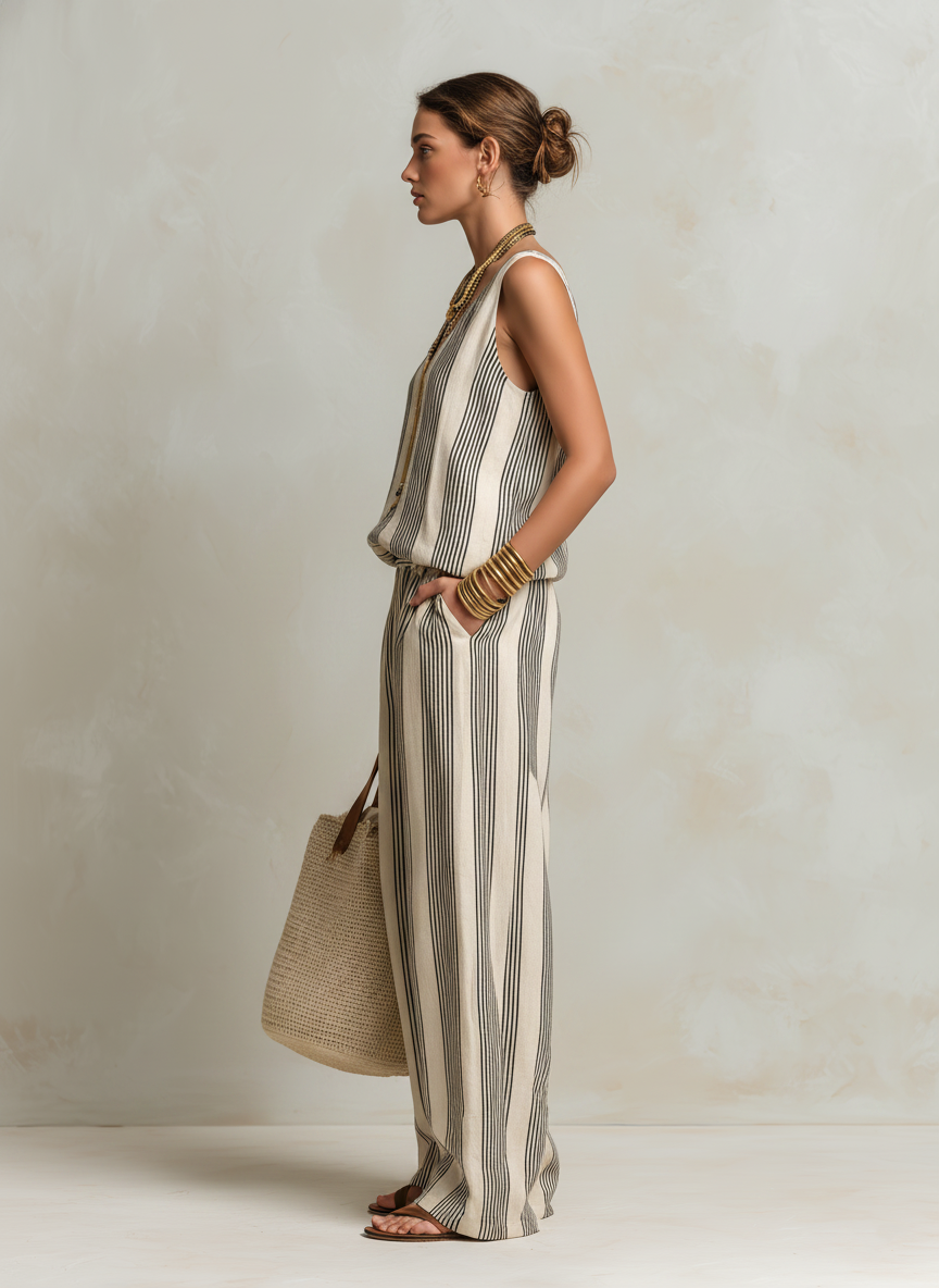 Women's Casual Black And White Striped Woven V-Neck Sleeveless Top With Trousers MDZ1701D4LXY