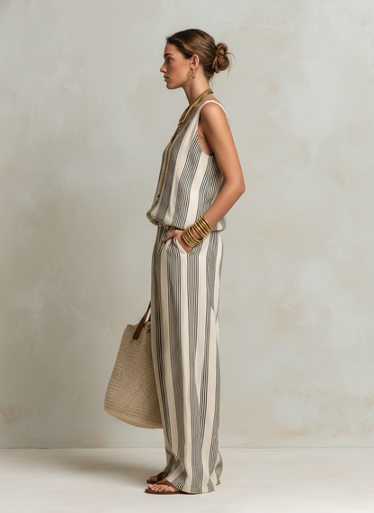 Women's Casual Black And White Striped Woven V-Neck Sleeveless Top With Trousers MDZ1701D4LXY