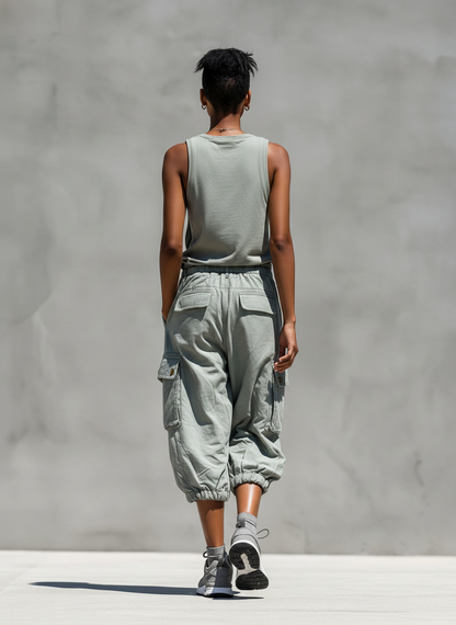Women’s Grey Sleeveless Tank Top & Cargo Jogger Shorts Two-Piece Set MDZ0853E1T