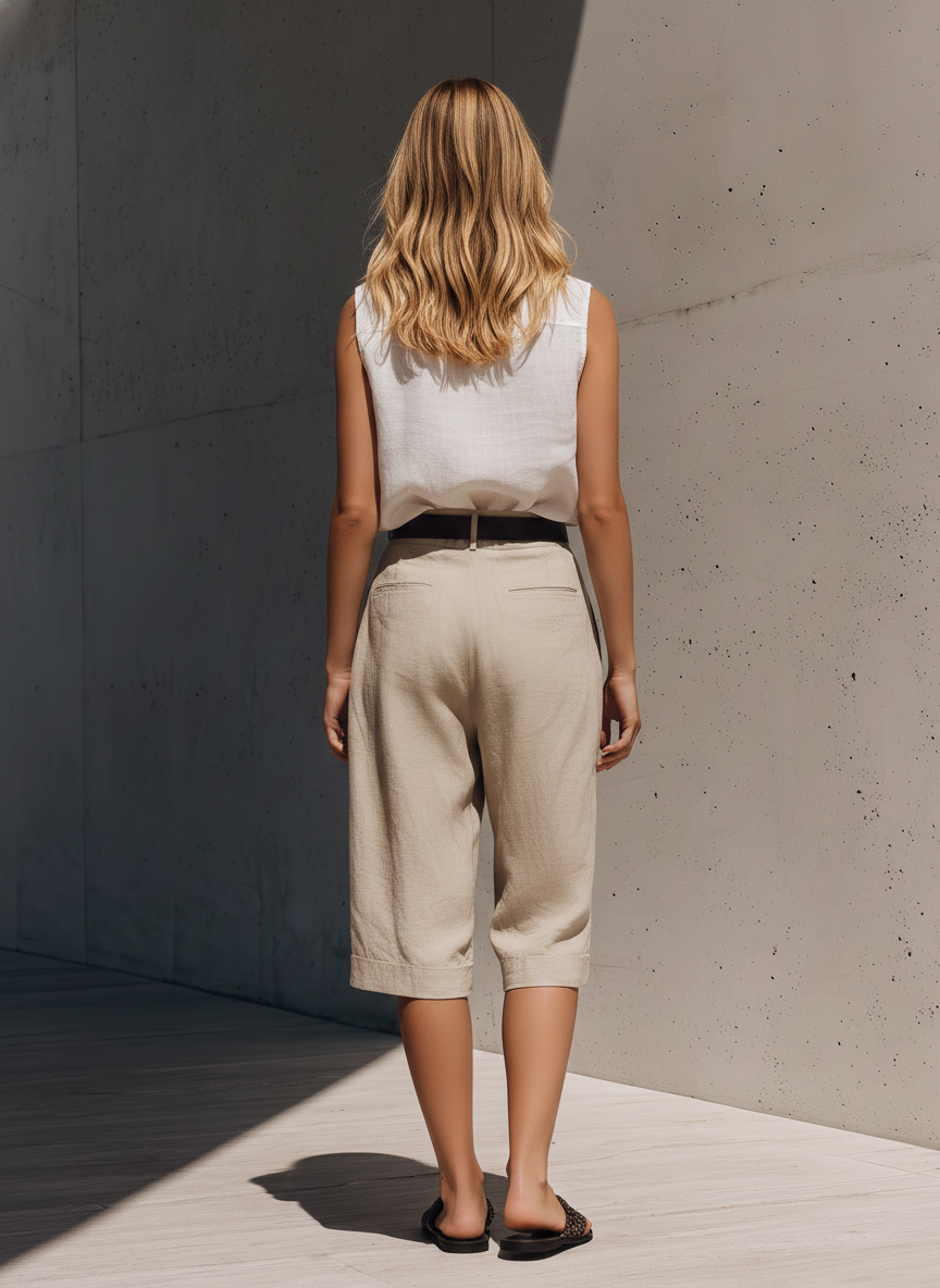Women's Casual White Cotton-Linen Sleeveless Shirt Paired With Khaki Cotton-Linen Mid-Length Shorts (Belt Not Included) MDZ2059E6LXY