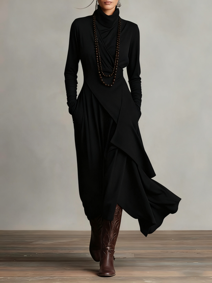 Georgia™ | Vestido maxi plisado asimétrico en color morado con cuello alto (collar no incluido)