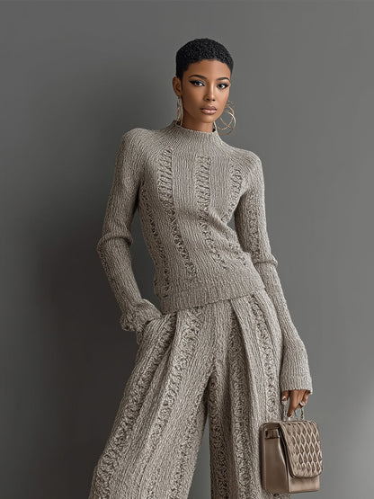 Women's Taupe Elegant Knit Textured Sweater & Wide - Leg Pants Set MDA1453H6I